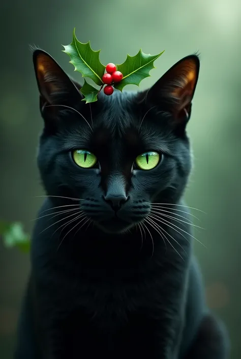 Black cat with green eyes and a holly leaf behind its ear 