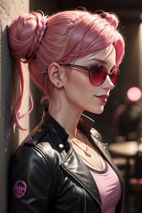 Woman in profile to the right with pink hair, double buns hairstyle, dark eyes and looking out of the corner, dark clothes with pink details, leather clothing, wearing sunglasses, pendants, mouth with dark red lipstick, Grinning, 