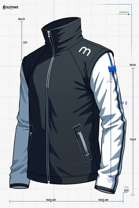 Illustrate a sleek, futuristic jacket in a schematic, blueprint-inspired style. The jacket should be primarily black, with a high collar and accents of blue and white. The right sleeve should be entirely white, decorated with subtle blue lines and the lett...