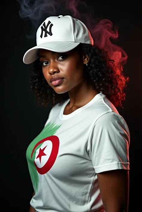 Close up, fat girl, New York Yankees white 9fifty, white t-shirt with Algerian flag detail and green, white and red color, black background with colored smoke. 