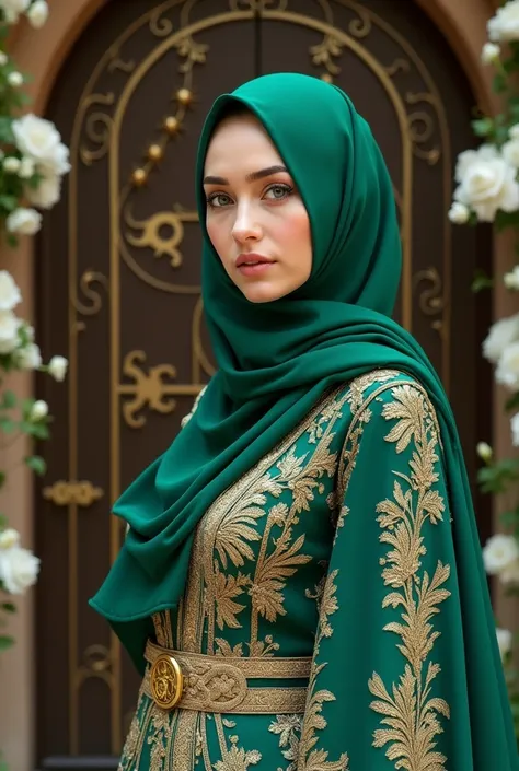 a woman with green hijab and dress in front of a gate decorated with flowers wearing an intricate dress, ornate and elegant, extravagant dress, ornate attire, intricate outfit, ornate gown, intricate and elegant, intricate detailed dress, masterpiece, best...