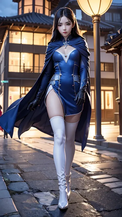 South korea walk women mystery hood up with modern royal Blue coat with long and wide sleeves with buttons and royal Blue cape and very high white heel over the knee and white gloves, As she reveals a small secret hidden blade coming from his wrist , addin...