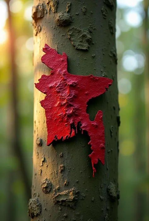 From the right side, the bloody map of Bangladesh is covered with blood on a tree sapling, and on the left, sunlight is falling on the sapling.