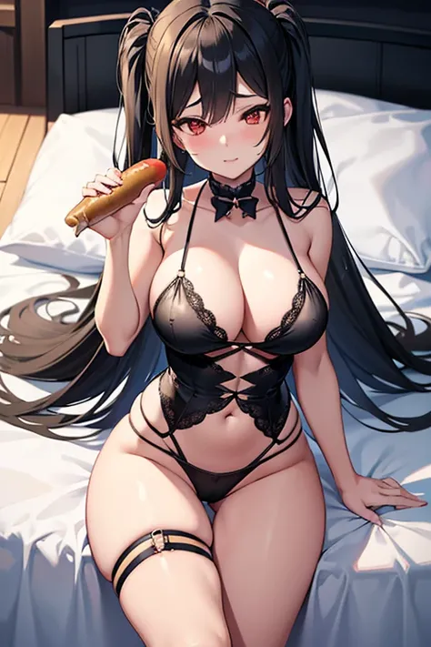 Anime girl in black lingerie with a hotdog in her hand, dick, , Seductive anime girl, [ 4 k digital art ]!!, Oppai, shikamimi, 2b, 2 b, SFW-Version, Order for high resolution, ahegao, Ecchi, pixiv 3dcg, marin kitagawa fanart, from Girls Frontline