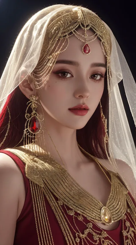 a close up of a woman wearing a gradient red crystal jewel veil and a gold head piece, stunning digital illustration, face covered in beautiful veil,4k highly detailed digital art, beautiful digital artwork, arabian beauty, beautiful digital illustration, ...