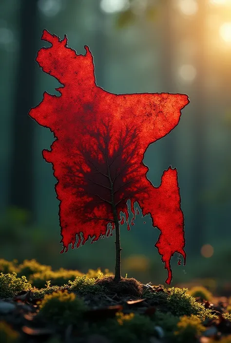 From the right side, the bloody map of Bangladesh is covered with blood on a tree sapling, and on the left, sunlight is falling on the sapling.