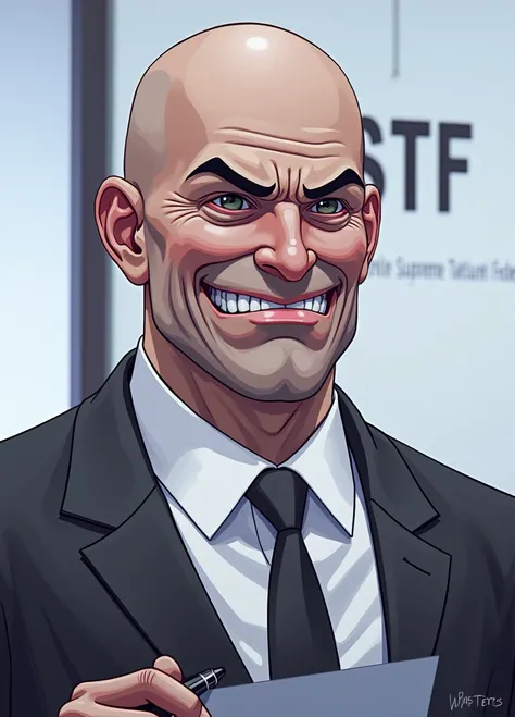 A completely bald Supreme Court Justice with a sarcastic smile with a pen in one hand and in the other hand with a writing sheet "I am the Law" Ao fundo, a wall with the word STF written on it