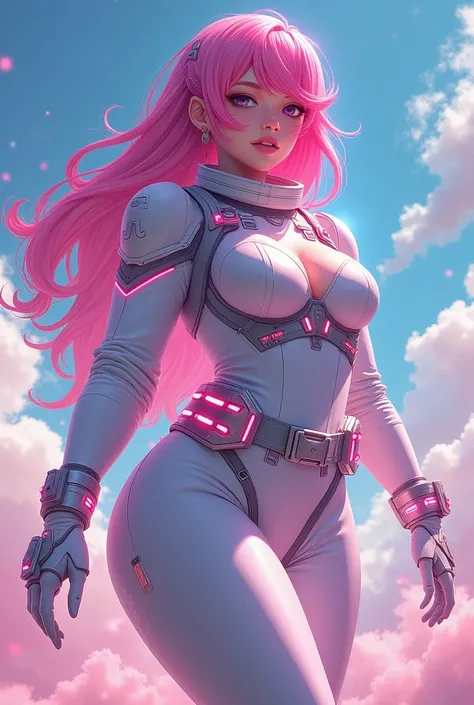 Anime pink haired girl with pink skin and big breasts wearing an astronaut suit