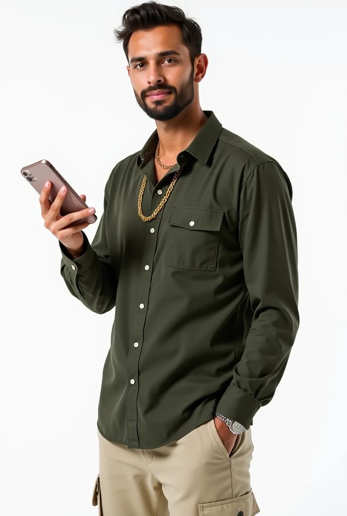 rich handsome man, wearing dark green collared shirt with front pocket, with cream color cargo pants, gold chains in neck, holding iphonebin one hand and looking into iphone screen, and making victory sign with other hand showing to the viewer, in white ba...