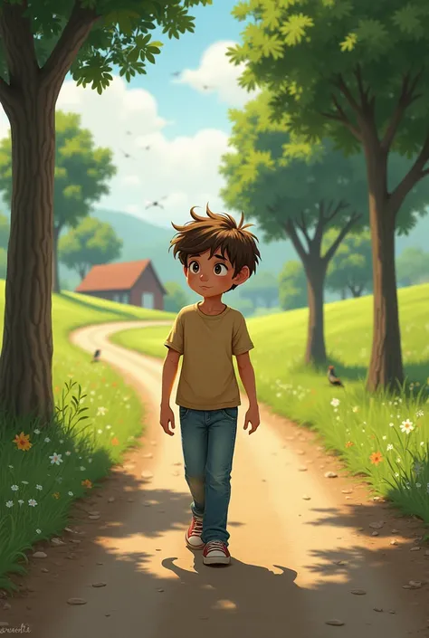 A  boy walk on road
