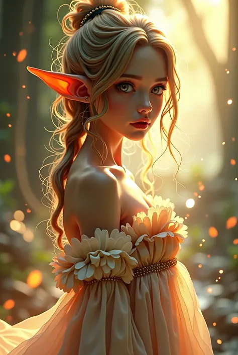 a beautiful elf girl wearing a maid dress, soft warm lighting, ethereal, detailed face and eyes, delicate facial features, long eyelashes, flowing dress, intricate details, magical, fantasy, dreamlike atmosphere, vibrant colors, detailed texture, cinematic...