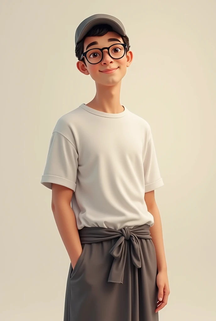 Please draw me a picture of a man muslim Young age 19 years, wearing a sarong, wearing a cap, wearing glasses, wearing a plain white t-shirt, standing and smiling. 