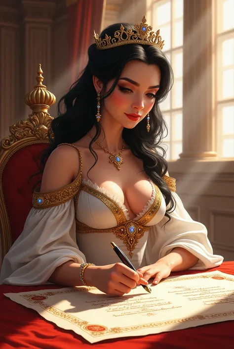 A black-haired woman with a crown signing her marriage contract 