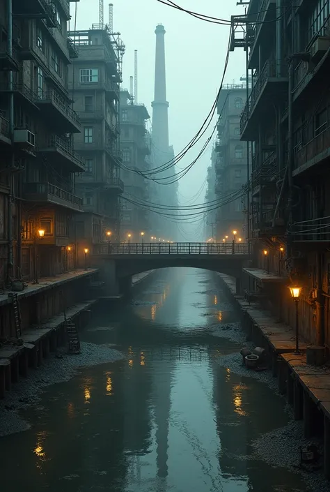 (((steampunk))), city, (((overcrowded buildings))), exposed gears and pipes, (((muffled light))), flooded land, ((gears)), ((thick pipes)), covered bridge, Bottom-up perspective, reflecting the height of the building, dark weather, chimneymechanical device...