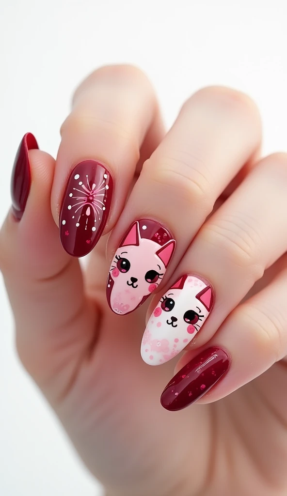 Create a colourful cute cat art style nail design in wine colors in an square shape with a white background with (realistic fingers)
