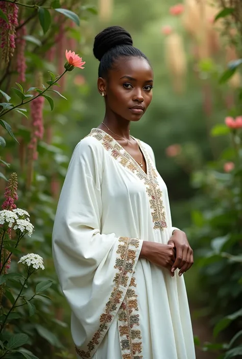 A full-body image of a beautiful woman wearing a traditional Ethiopian white kemis, standing in a lush garden.add cross embroidery on her dress