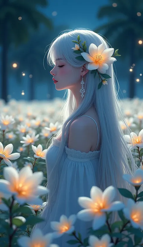 plumeria flower turned human girl, night time, fireflies, plantation of white plumeria flower, Sparkle, Silhouette, Accurate, Masterpiece, High Resolution,Hair Ornament, POV,myth, anime, Bloom, Hair Ornament, Hair Flower, Long Hair, Hair Between Eyes, Clos...