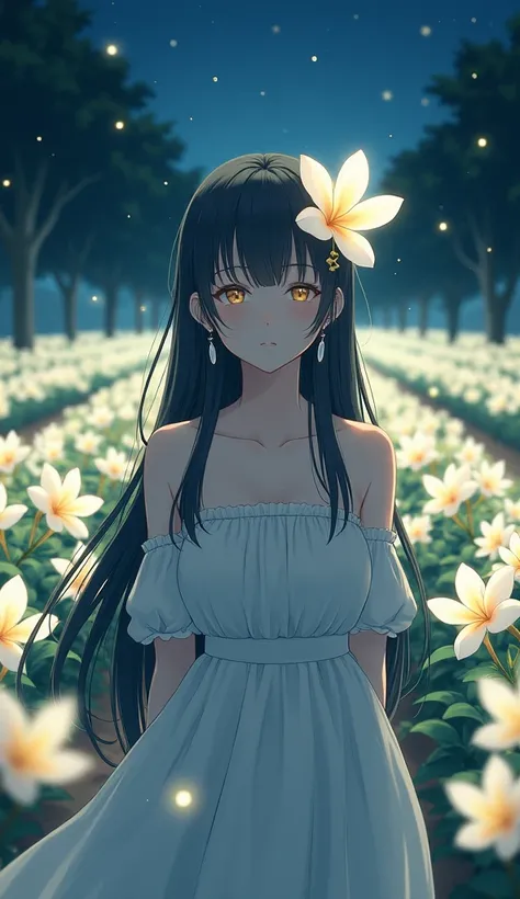 plumeria flower turned human girl, night time, fireflies, plantation of white plumeria flower, Sparkle, Silhouette, Accurate, Masterpiece, High Resolution,Hair Ornament, POV,myth, anime, Bloom, Hair Ornament, Hair Flower, Long Hair, Hair Between Eyes, Clos...