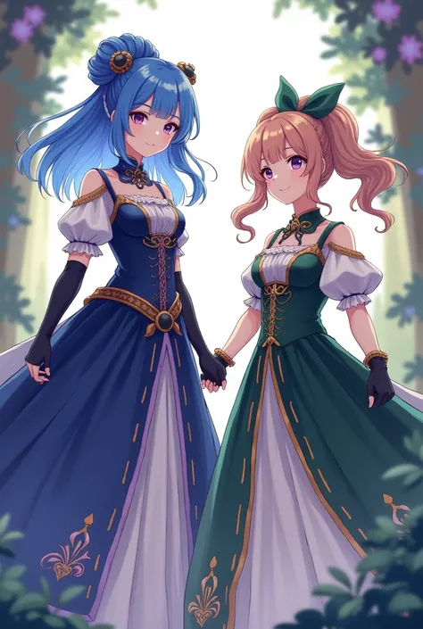 2 young girls, one with blueberry-colored hair with a bun, long hair in front, gloves to the shoulder with a long dark blue and black dress.. The second one has two wavy pigtails and a short dark green and white dress, anime middle ages dresses gemshing im...