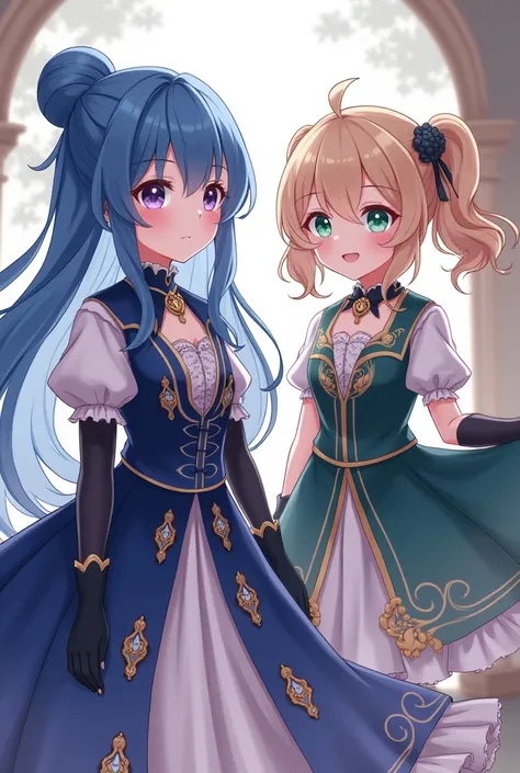 2 young girls, one with blueberry-colored hair with a bun, long hair in front, gloves to the shoulder with a long dark blue and black dress.. The second one has two wavy pigtails and a short dark green and white dress, anime middle ages dresses gemshing im...