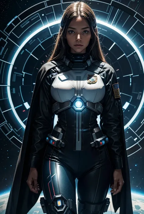 a female interstellar fleet officer in a tight futuristic uniform with fleet insignia is in a meeting with other interstellar fl...