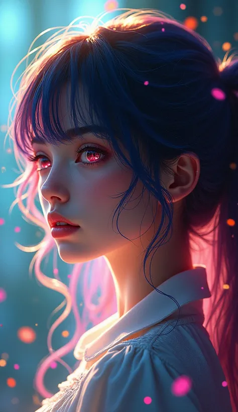 {{masterpiece}}, best quality, extremely detailed CG unity 8k wallpaper, cinematic lighting, lens flare, beautiful detail eyes, black,  side glance,  multicolor hair, colorful light, particles, heterochromia, (colorful:1.5), (colorful hair:1.5),