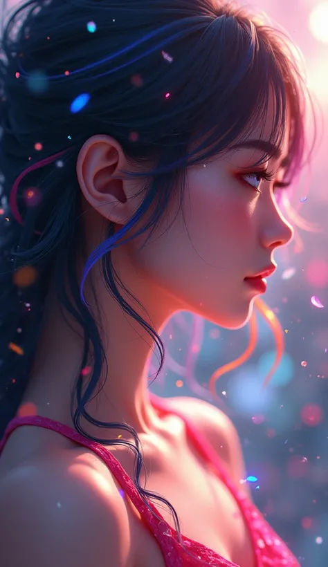 {{masterpiece}}, best quality, extremely detailed CG unity 8k wallpaper, cinematic lighting, lens flare, beautiful detail eyes, black,  side glance,  multicolor hair, colorful light, particles, heterochromia, (colorful:1.5), (colorful hair:1.5),