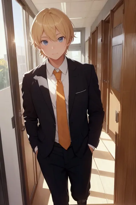 guy, schoolboy, dressed in a school suit, blond hair, standing in the doorway to the classroom, looking in front, the suns rays shining on him