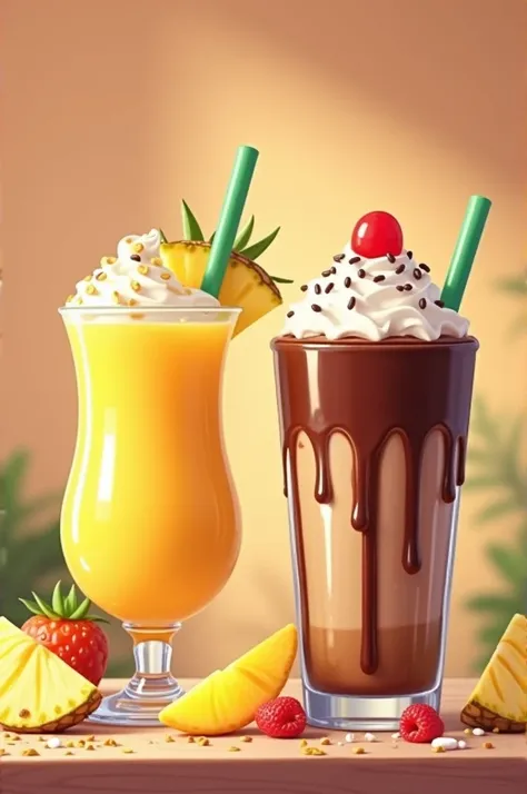 A golden micheldas and pineapple smoothie and a chocolate frappuccino in an animated poster 