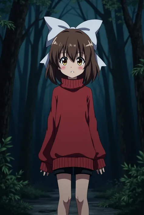 Anime girl with short brown hair, bangs and yellow eyes,with a long red sweater and black shorts,with a big white bow behind her hair, being in a dark forest at night with a scared face.