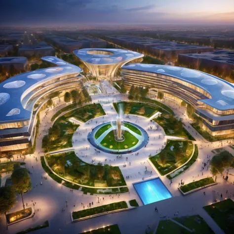 Complex of three gigantic and very tall structures surrounding a plaza with a fountain in the middle, futuristic design, eco style, aerial view, Soft lighting, Very detailed,HD,8k, This fulfills the function of being a highly demanded academic institute