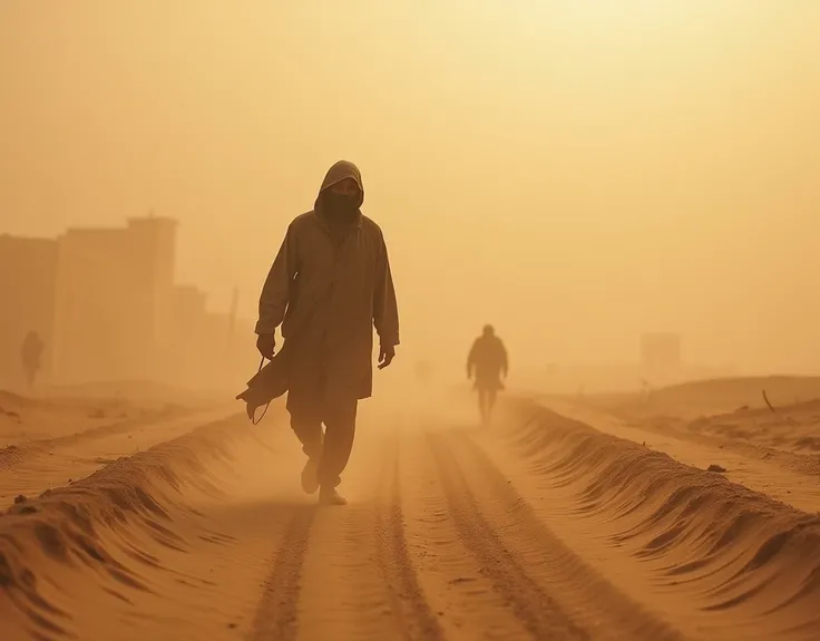 Drug smuggling by Pakistan local with covered face  using desert path hiding through the sandstorm seen from a dishtance

