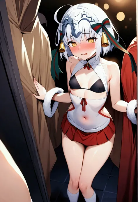 NSFW,masterpiece,Highest quality,High resolution,Very detailed,,Joan of Arc Horta Santa Lily(Fate/grandorder),(White Hair),Short Hair,Headpiece,Golden Eyes,Small breasts,Red and white santa costume,Two-tone,White cut-in dress,mini skirt,Black bikini top,Kn...