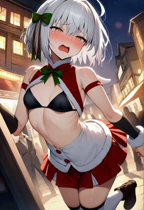 NSFW,masterpiece,Highest quality,High resolution,Very detailed,,Joan of Arc Horta Santa Lily(Fate/grandorder),(White Hair),Short Hair,Headpiece,Golden Eyes,Small breasts,Red and white santa costume,Two-tone,White cut-in dress,mini skirt,Black bikini top,Kn...