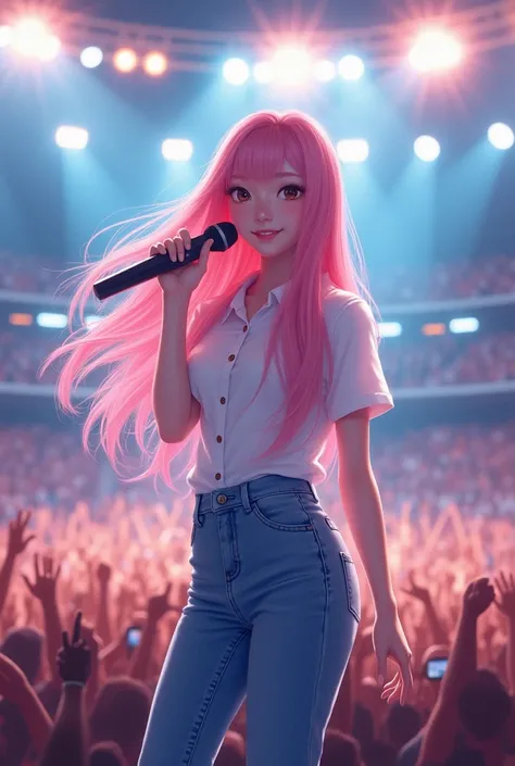 make me a japanese idol girl with long pink hair and white shirt and blue jeans in the stadium performing her new songs
have microphone in her hand 
more real person 