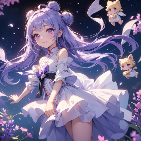 A chibi child girl had a small face and Wearing white little Taoist priests outfit. A pair of big round eyes shone with curiosity about him. This child was so cute, Stroll among the purple lavender fields , There are some floating clouds.

her hair is blac...