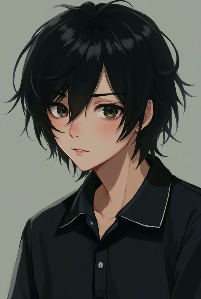 Boy with shoulder length black hair wearing a black polo shirt with a white collar 