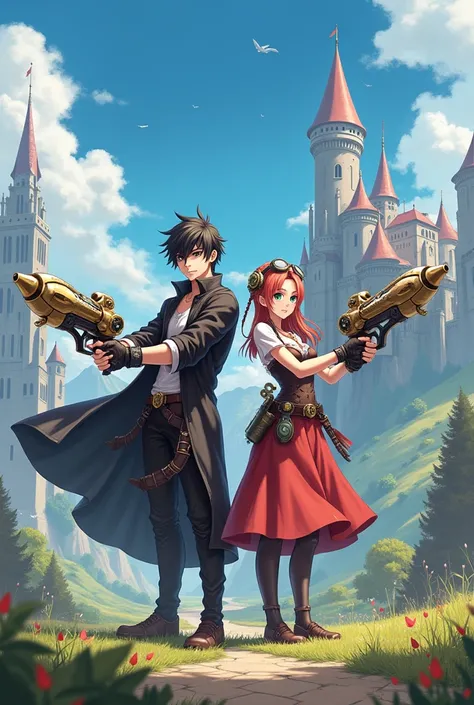  Cover with a couple with anime style weapons, gamers, steampunk fantasy clothing, with a medieval landscape, based on video games 