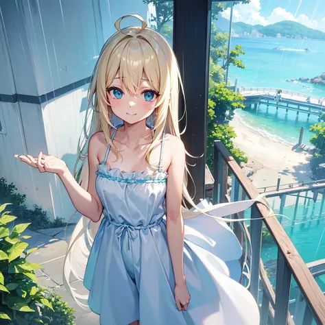 smile、ahoge、teal blue eyes、blonde long hair、alone、in the rain、sea view、white camisole、light blue hot pants、holding mcdonald&#39;...