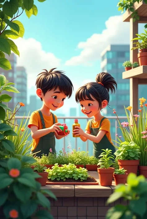 a urban boy and girl doing gardening in her balcony with lots of plants including flowers , show plants . She is pouring nutrients to plants by small colored bottles