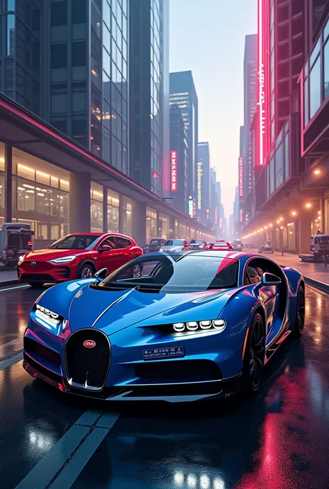 Image of an advertisement for the sale of Bugatti and Tesla cars 