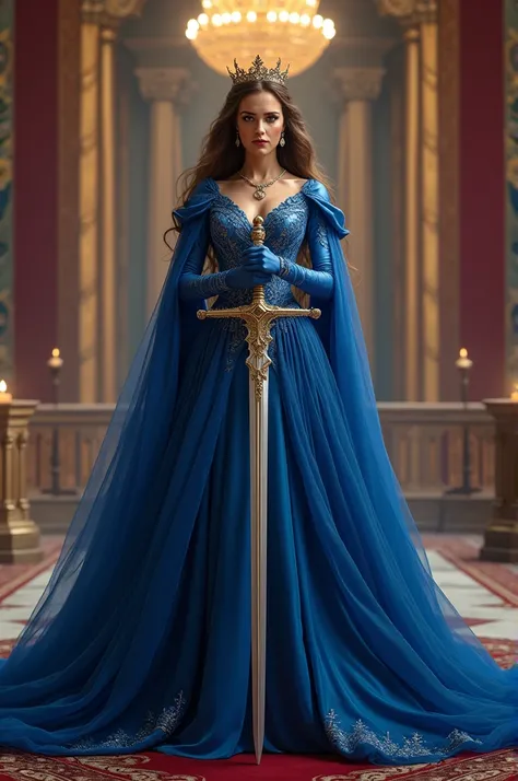 Make a Queen with blue royal dress 
in her castle and holding her sword 