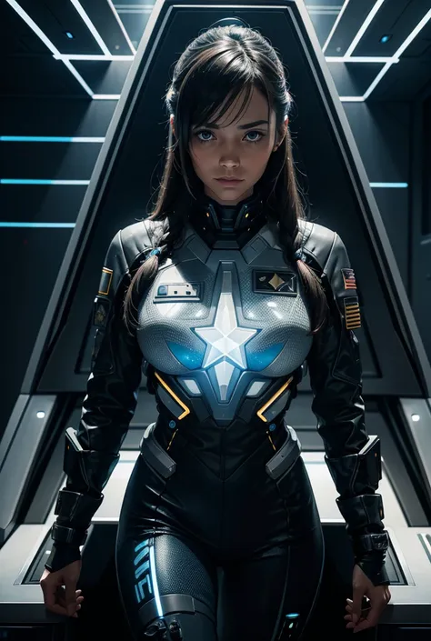 
a female interstellar fleet officer in a tight futuristic uniform with fleet insignia is in a meeting with other interstellar fleet officers, both human and alien, in front of her is a holographic screen,High Resolution, Long Hair, Anatomically Correct, B...