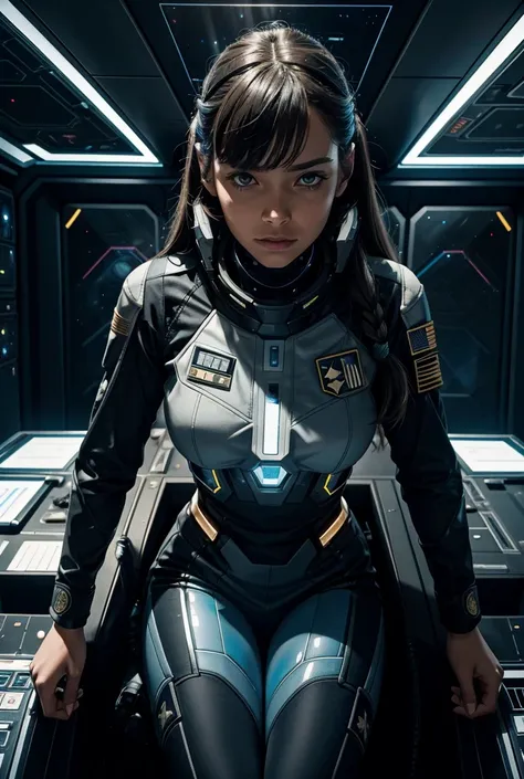 
a female interstellar fleet officer in a tight futuristic uniform with fleet insignia is in a meeting with other interstellar fleet officers, both human and alien, in front of her is a holographic screen,High Resolution, Long Hair, Anatomically Correct, B...