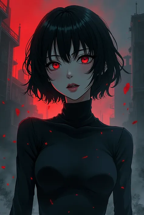 Dark short haired asian 1 girl in “Devilman crybaby 2018” anime style