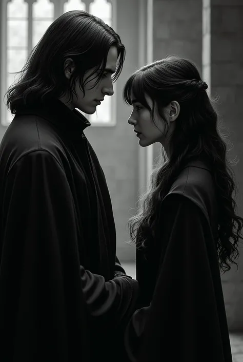 severus snape younger, at about 16-, along with a young woman, with 16-, black and white hair, from ravenclaw