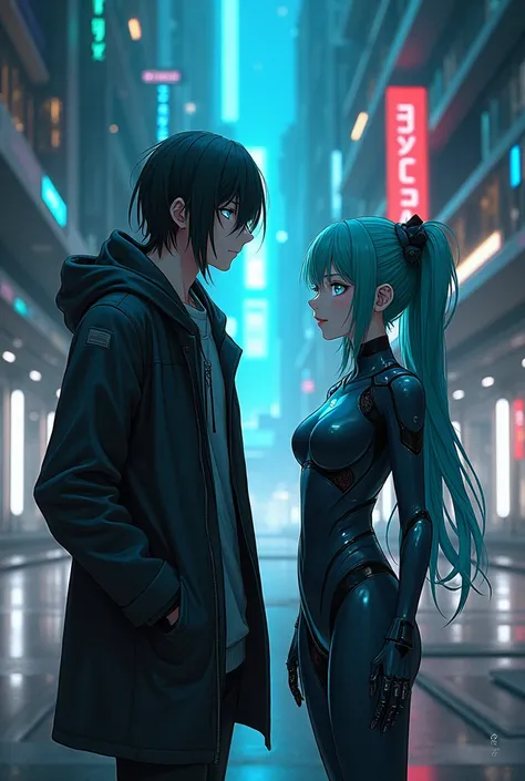 A anime boy of age 20 with a little long black hair and a little glowing blue eyes wearing hoodie like coat and his AI assistant girl with green-blue hair and wearing a cyberpunk suit in refined cyberpunk anime art style.