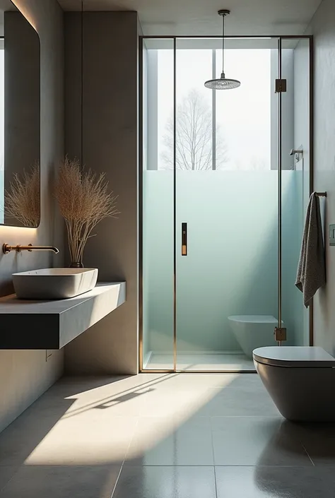 bathroom modern, ultra-realistic , 8k, ultra realistic render , 4K , photo realist , glass box up to the ceiling , metal therefore , matte gray floor , stone countertop , small window with frosted glass , moderno , luxurious , a hanging vase 