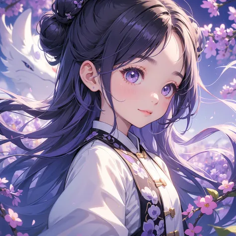 A chibi child girl had a small face and Wearing white little Taoist priests outfit. A pair of big round eyes shone with curiosity about him. This child was so cute, Stroll among the purple lavender fields , There are some floating clouds.

her hair is blac...