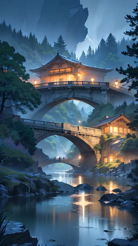 a tour cab crossing road over bridge, lake, mountain at night, ghibli anime style, (best quality,4k,8k,highres,masterpiece:1.2),ultra-detailed,(realistic,photorealistic,photo-realistic:1.37),dramatic lighting, glowing night sky, shimmering water, lush foli...